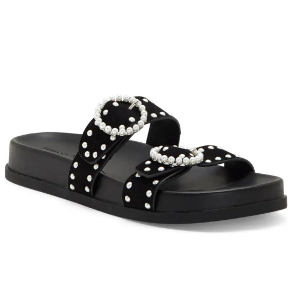 NEW Rebecca Minkoff Women Veeoleeta Faux Pearl Stud Adjustable Two Strap Slides